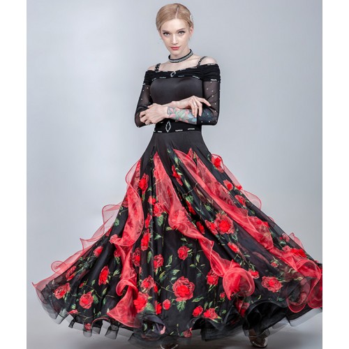  rose flowers Ballroom dancing dresses for women diamond long sleeves tango waltz dance long dress